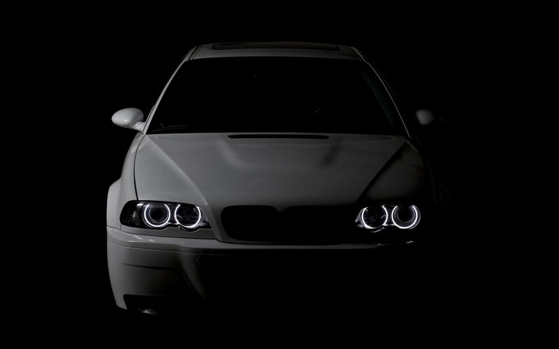 White Car with Headlights — Black, Dramatic