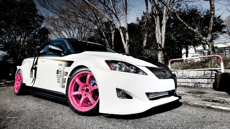 White Car with Pink Wheels — Dramatic