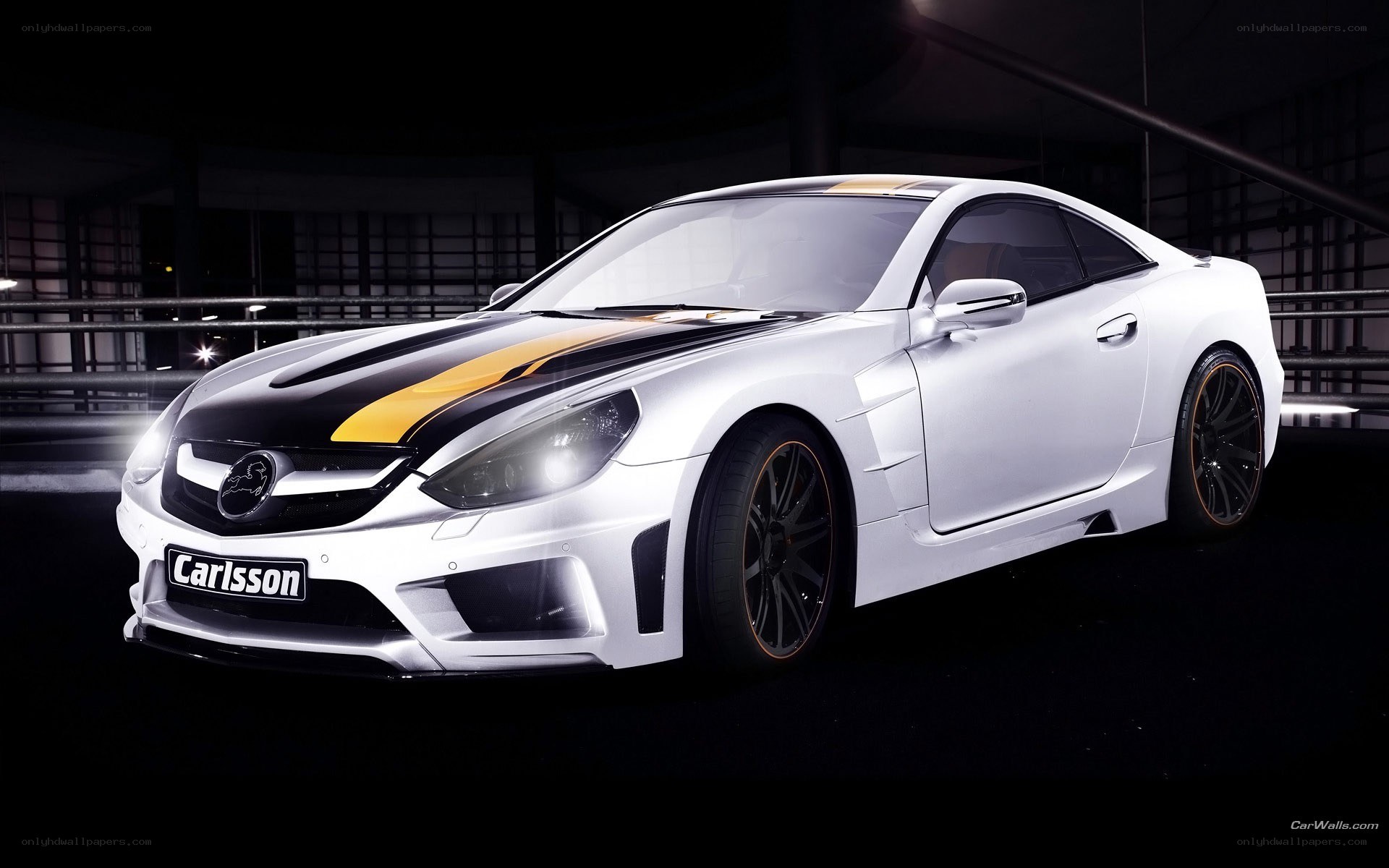 white car with yellow stripes
