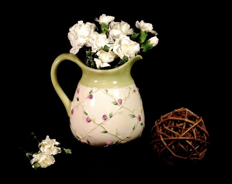 White Carnations in Pitcher