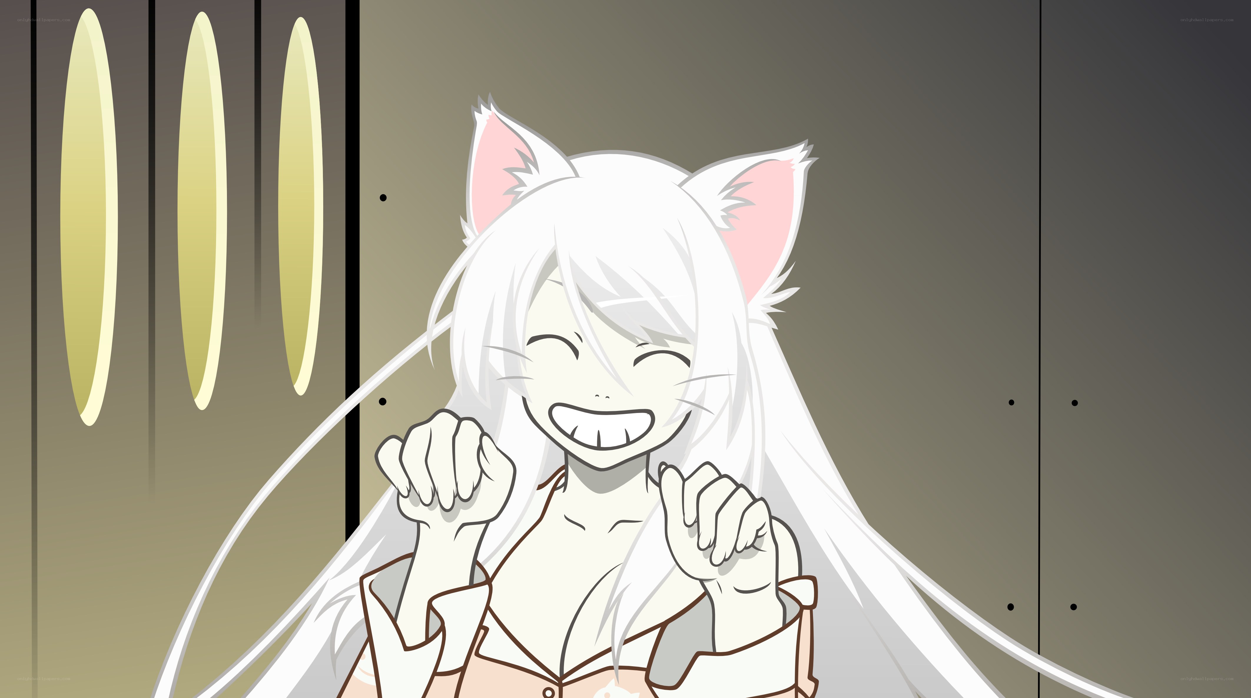 white cat girl smiling