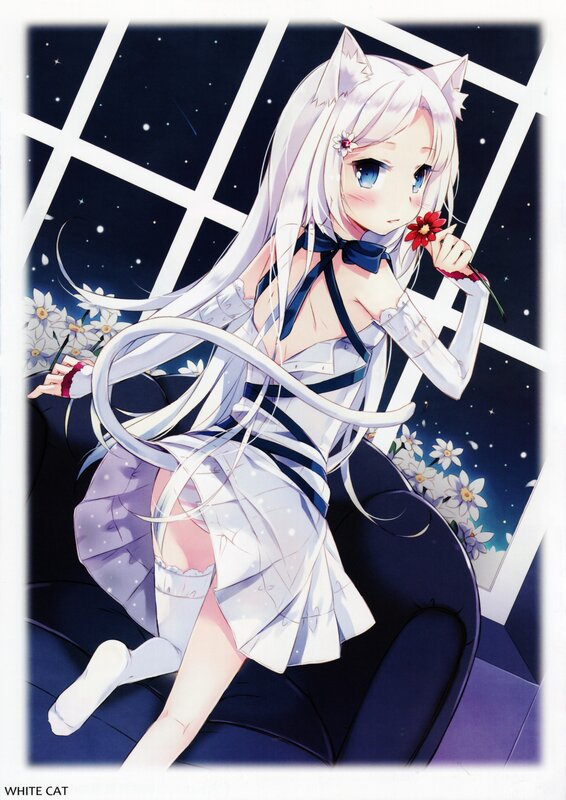 White cat girl with flowers