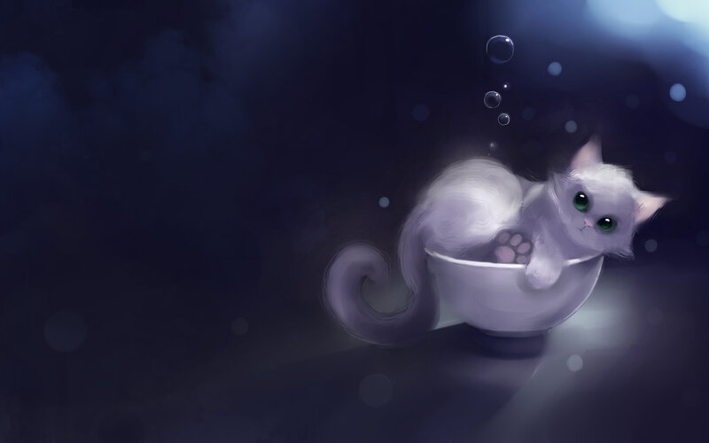 White Cat in a Bowl — Purple, Serene
