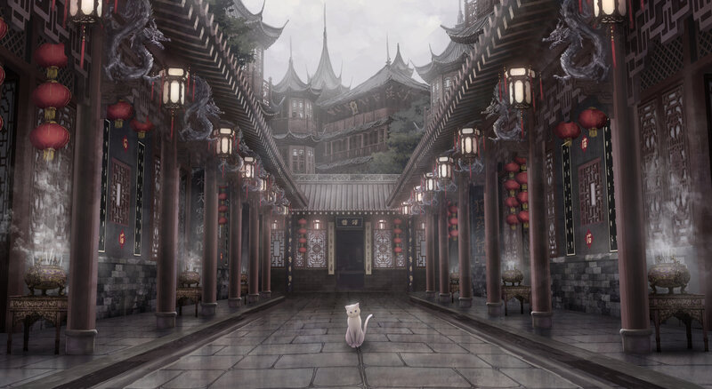 White Cat in Courtyard