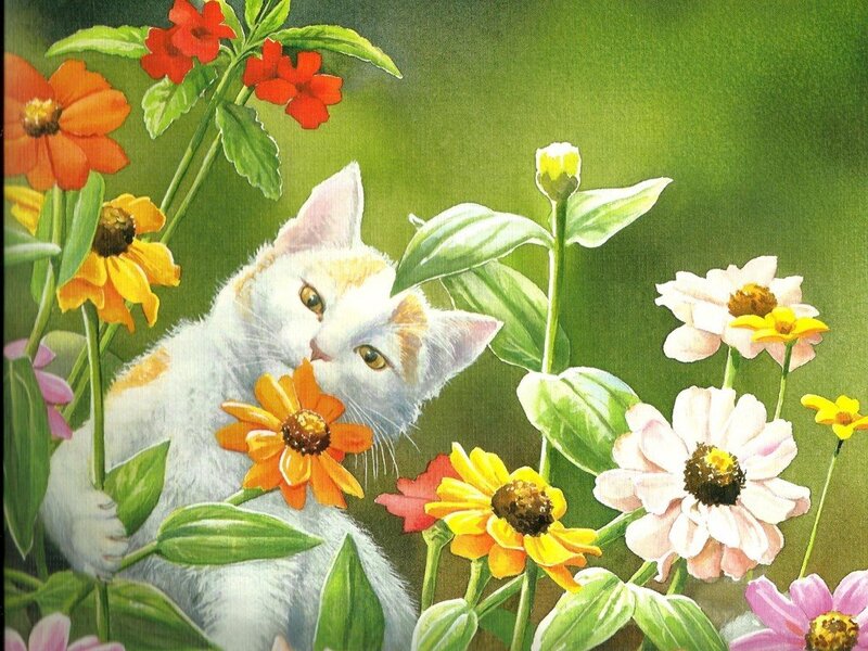 White Cat in Flowers — Green
