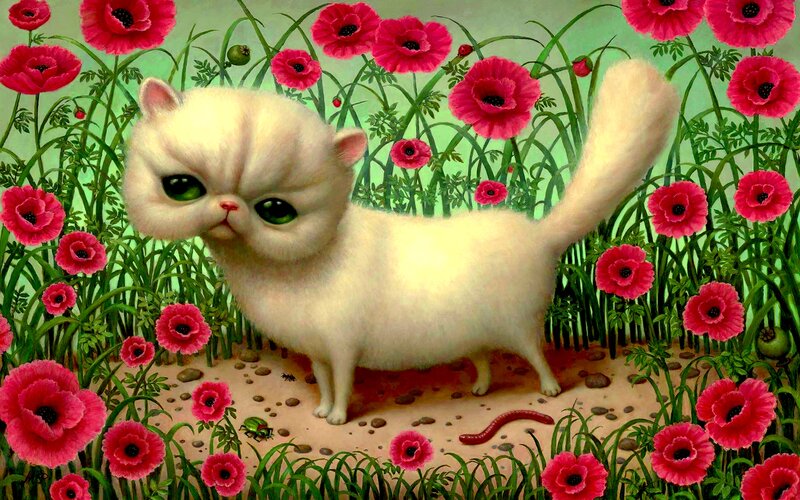 White Cat in Flowers — Pink, Whimsical