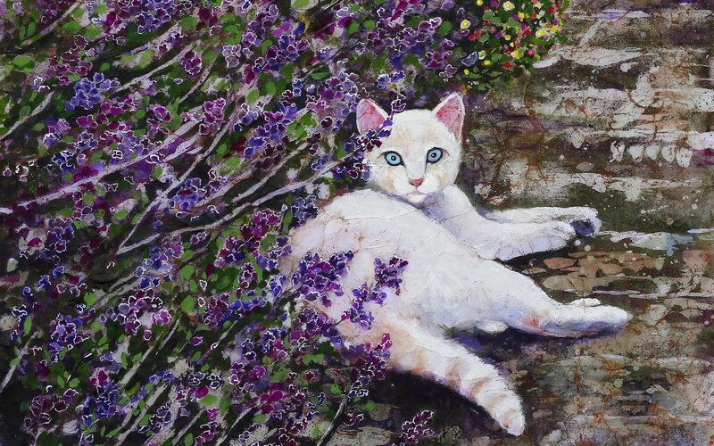 White Cat in Flowers — Purple, Serene