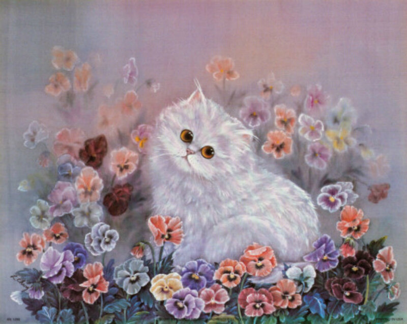 White Cat in Flowers — Purple