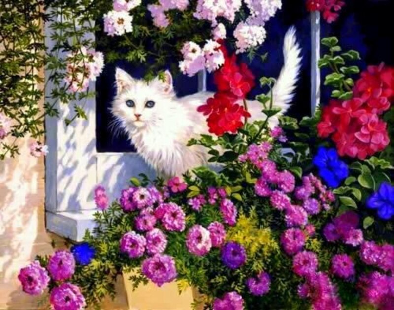 White Cat in Flowers