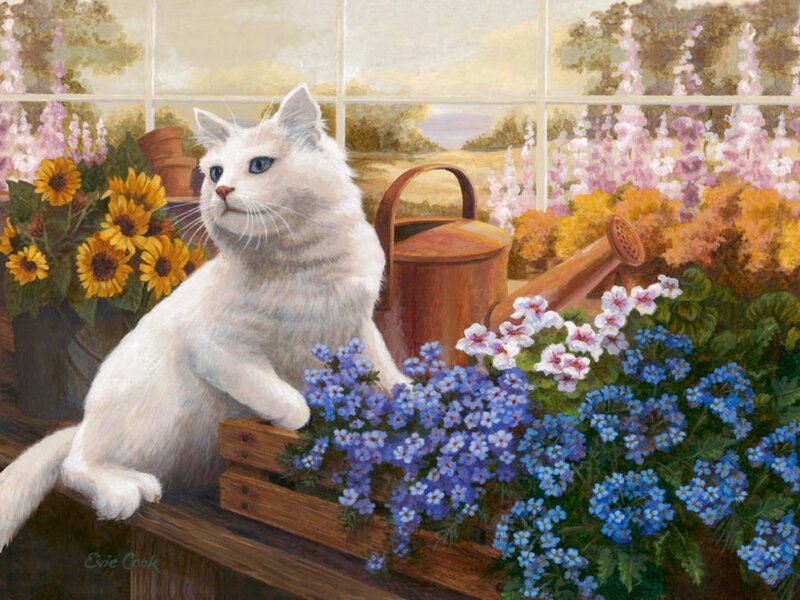 White Cat in Garden — Blue