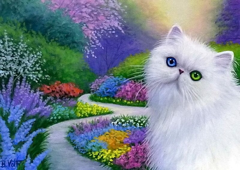 White Cat in Garden — Serene