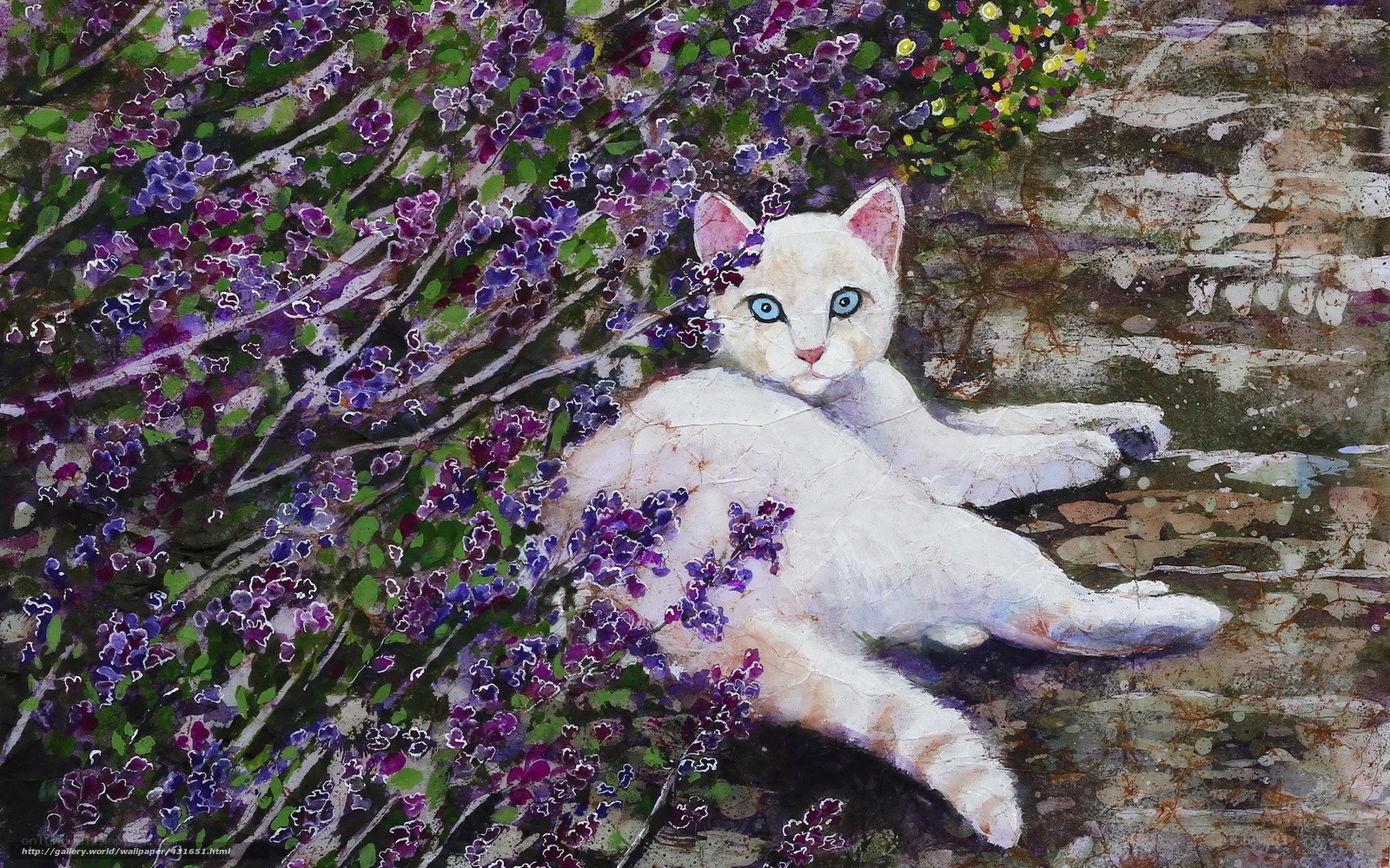 White cat in purple flowers