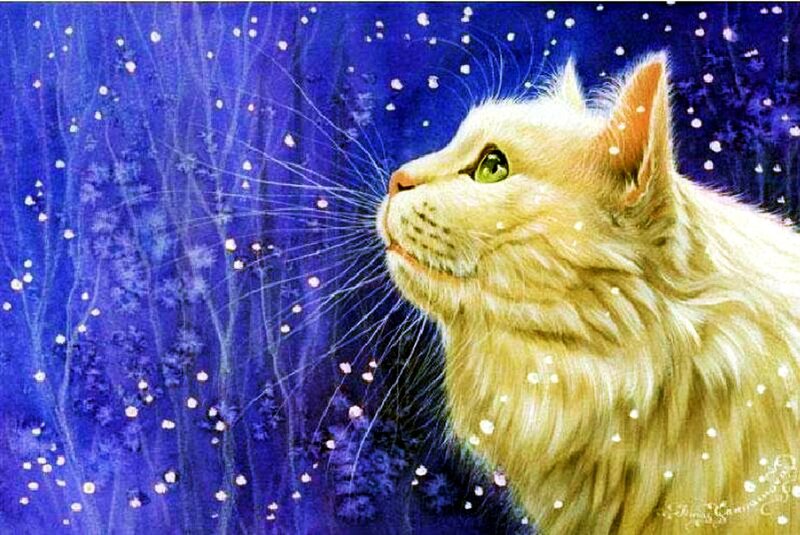 White Cat in Snow — Blue, Serene, Night