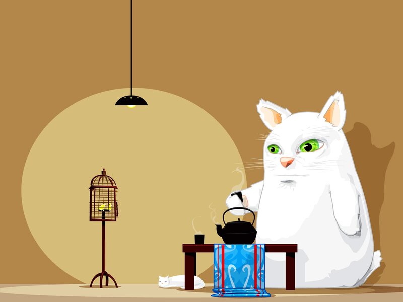 White Cat Making Tea — Brown