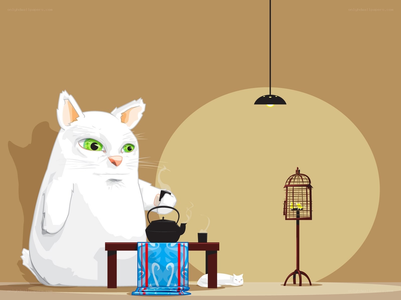 White cat making tea