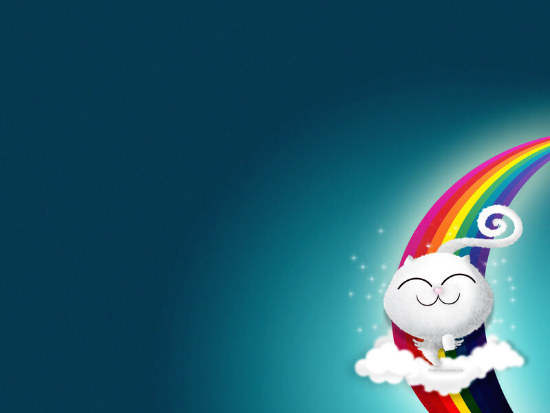 white cat on rainbow cloud