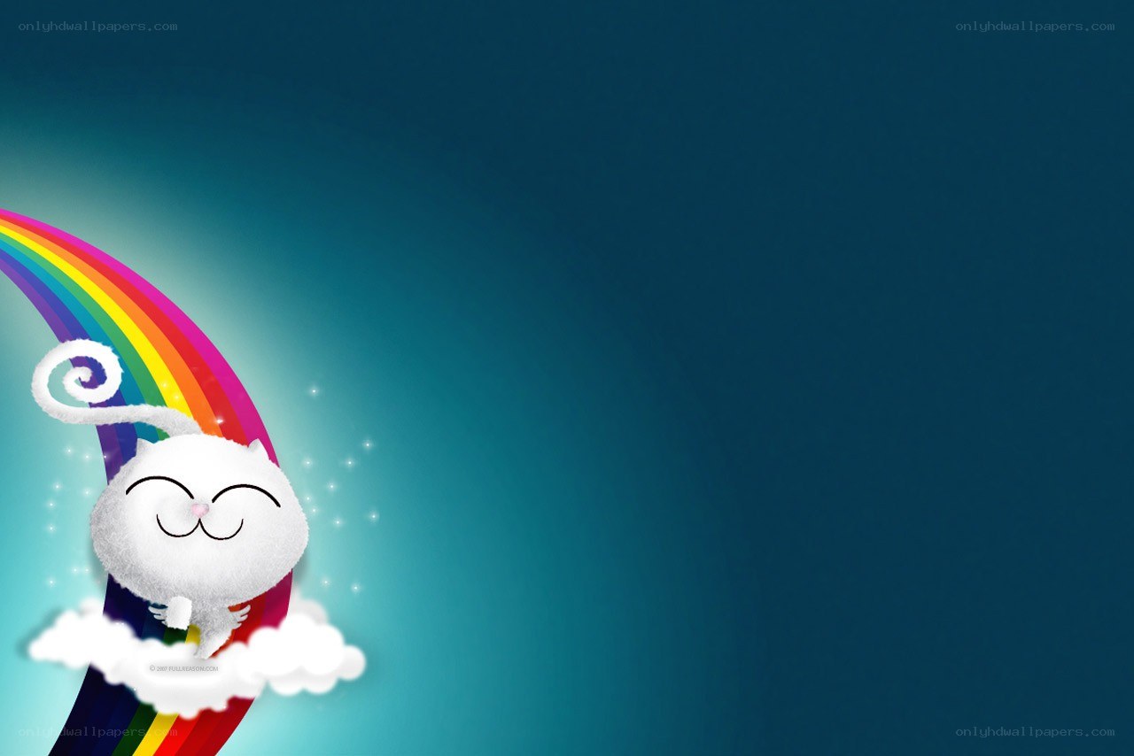 white cat on rainbow cloud