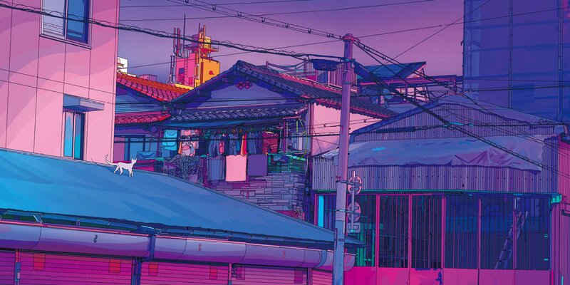 White Cat on Roof — Purple