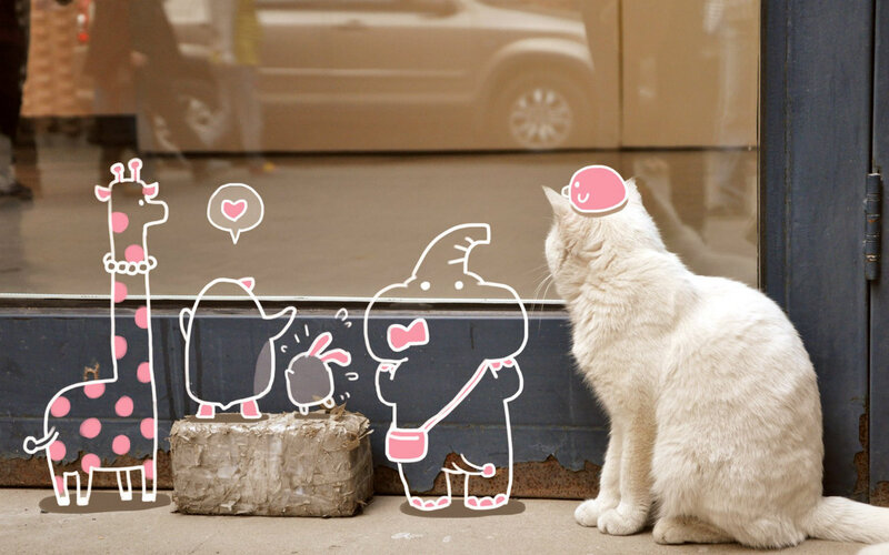 White Cat on Sidewalk
