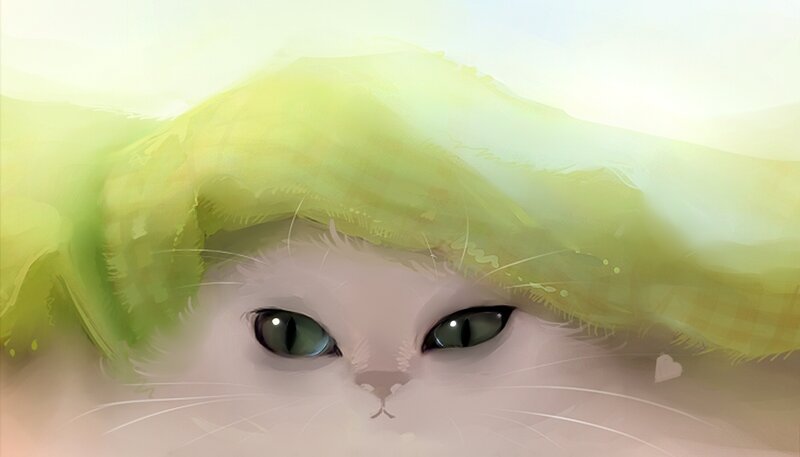 White Cat under Blanket — Green