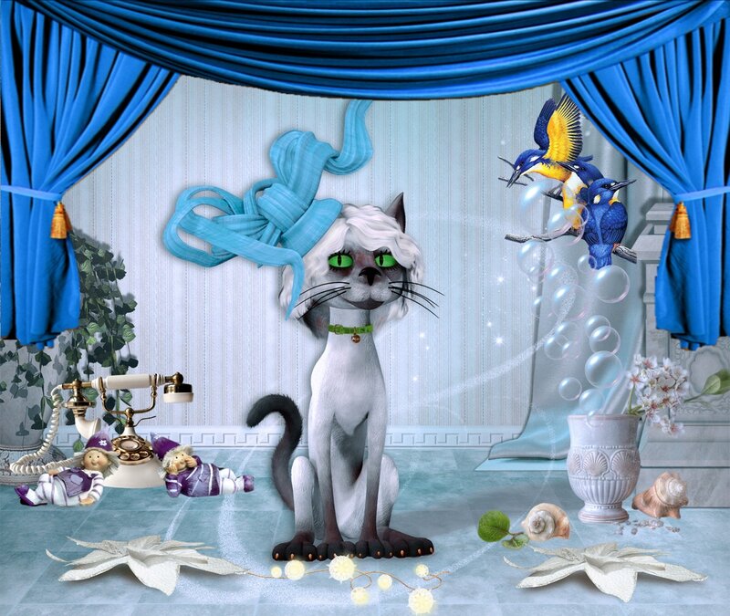 White Cat with Green Eyes — Blue
