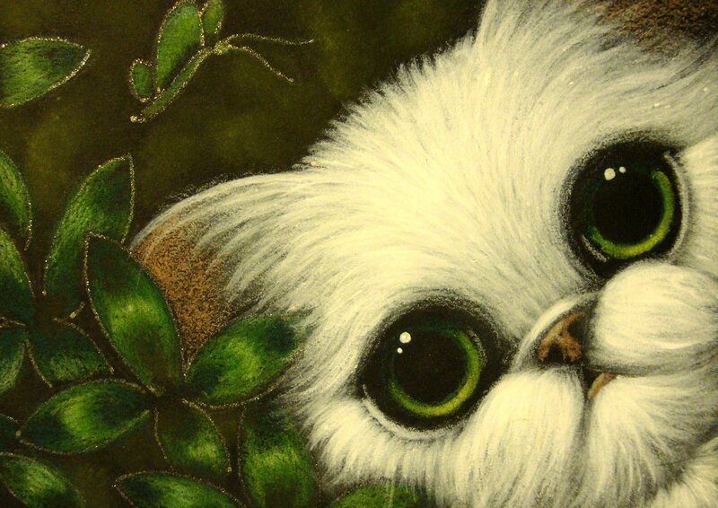 White Cat with Green Eyes — Curious, Painting