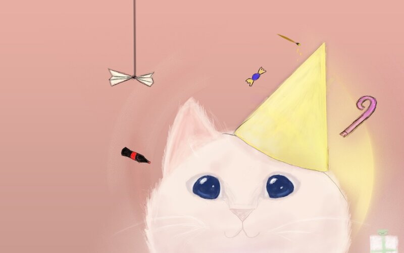 White Cat with Party Hat — Pink, Festive