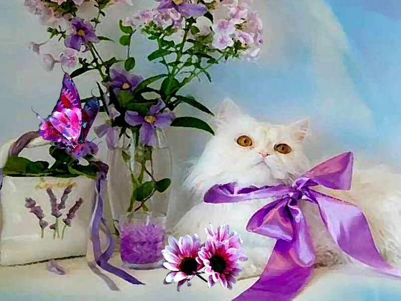 White Cat with Purple Bow — Serene, Digital Art