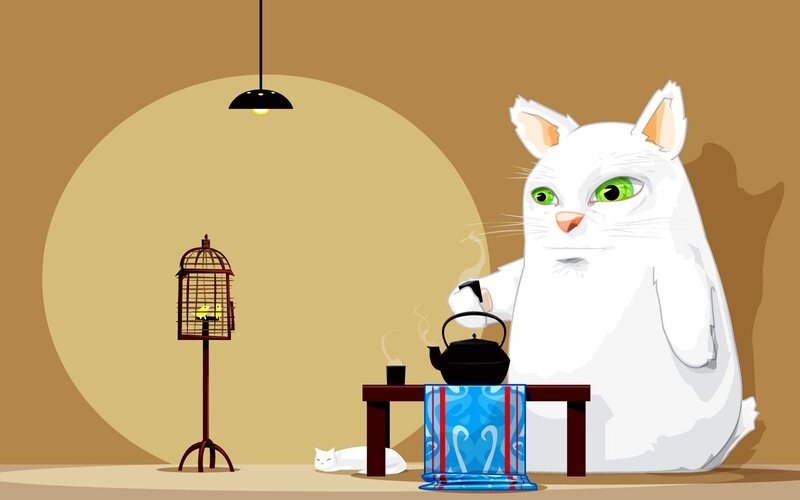White Cat with Teapot — Brown