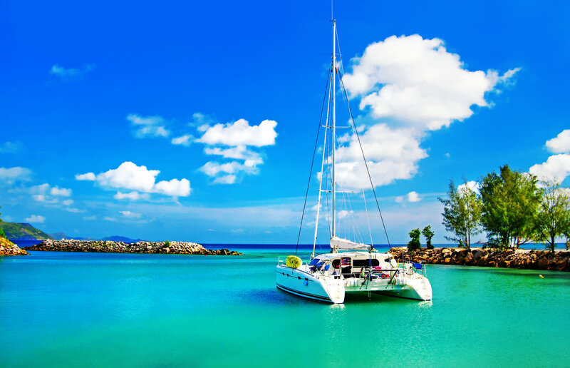 White Catamaran in Bay — Blue, Serene