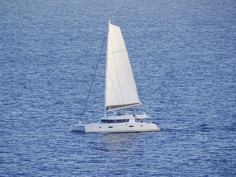 White Catamaran Sailboat — Blue