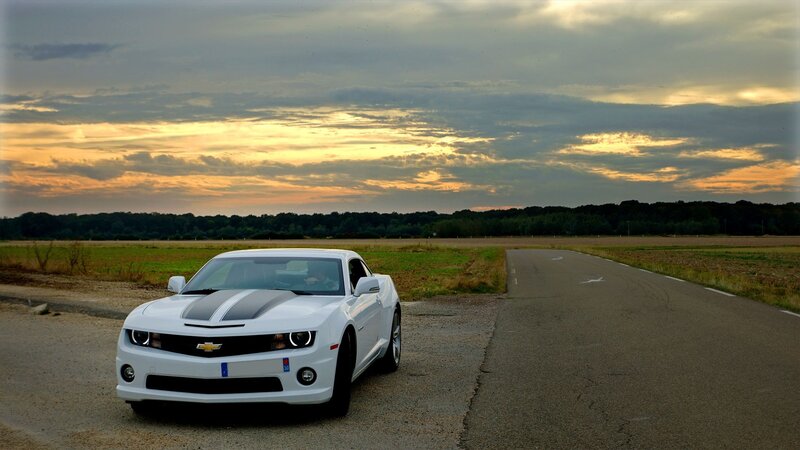 White Chevrolet Camaro — Dramatic, Sunset, Photograph, Car, Road, Field
