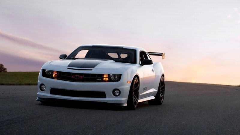 White Chevrolet Camaro — Dramatic, Sunset, Photograph, Car, Road, Sky