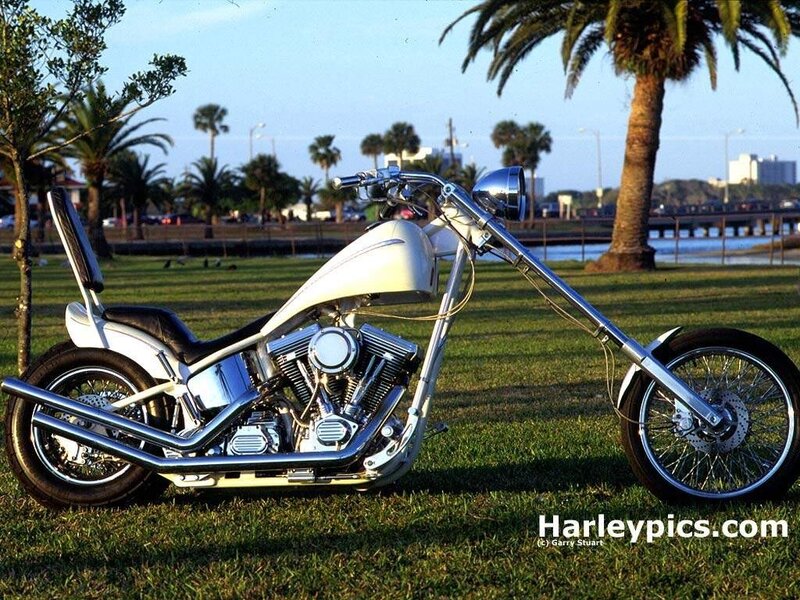 White chopper motorcycle on grass