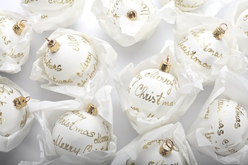 White Christmas Ornaments — Festive, Winter, Photograph, Gold Script