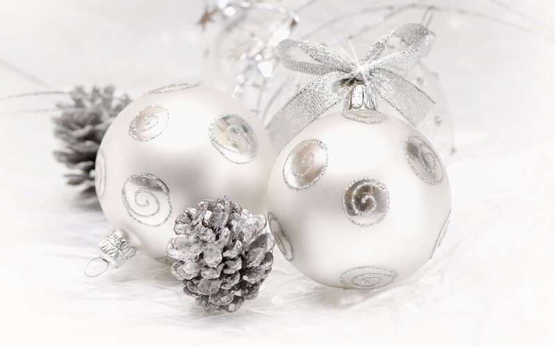 White Christmas Ornaments — Festive, Winter, Photograph, Pinecones, Ribbons