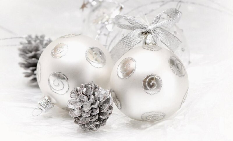 White Christmas Ornaments — Festive, Winter, Photograph, Pinecones