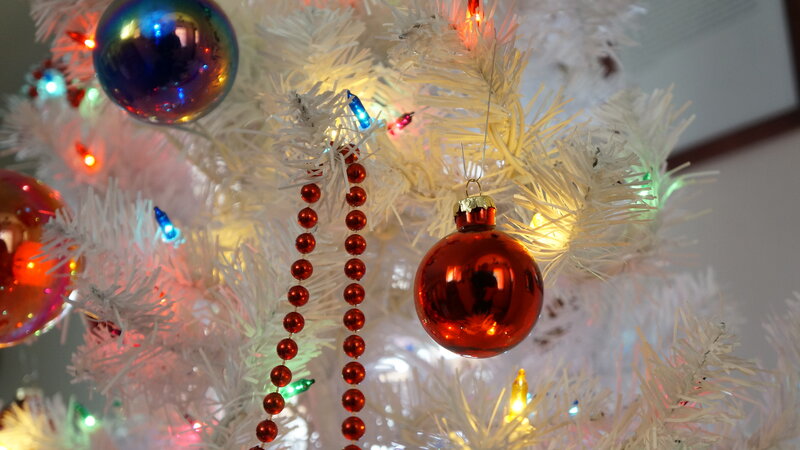 White Christmas Tree — Festive, Night, Photograph, Ornaments