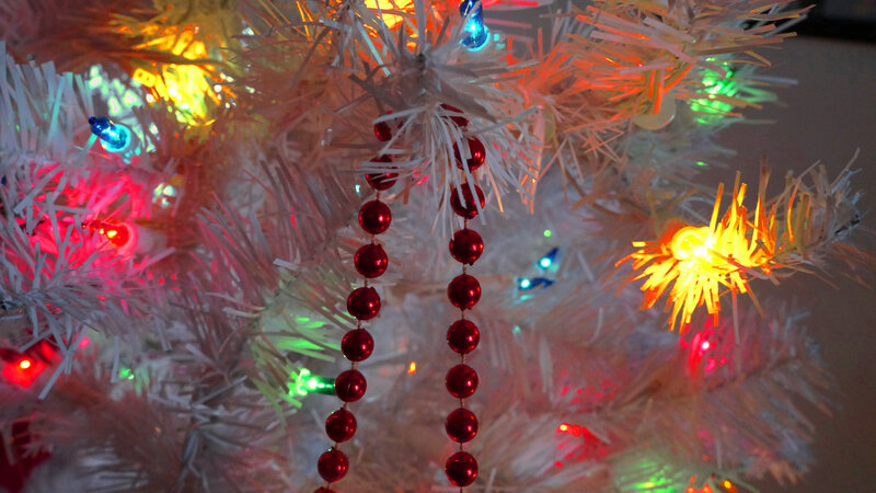 White Christmas Tree — Festive, Night, Photograph, Red Beads