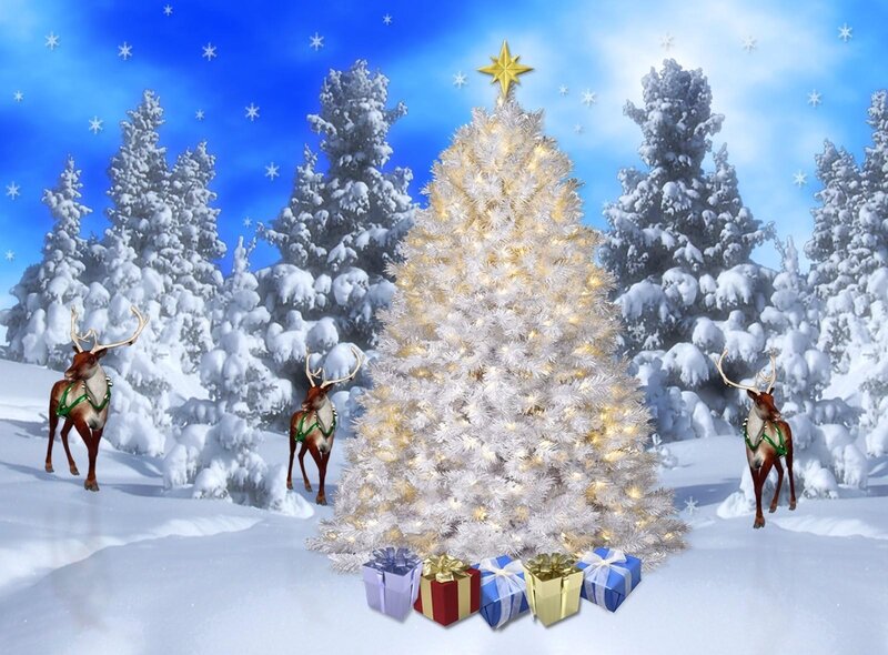 White Christmas Tree — Festive, Winter, Digital Art, Reindeer, Gifts