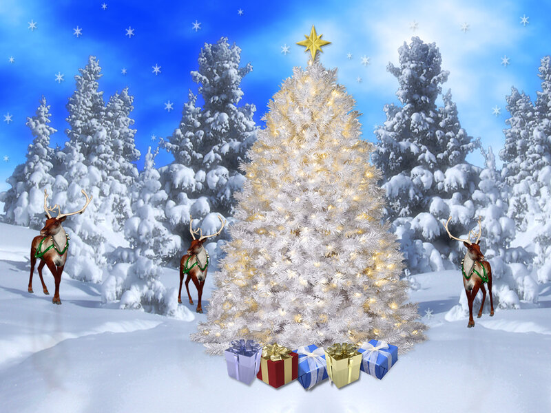 White Christmas Tree — Festive, Winter, Digital Art, Reindeer