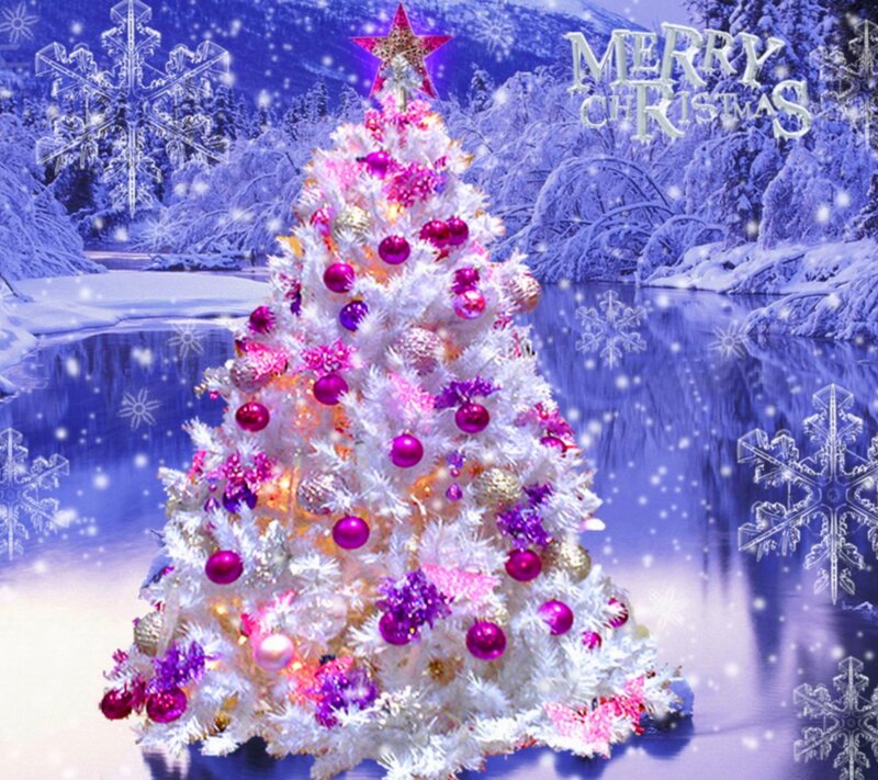 White Christmas Tree — Festive, Winter, Digital Art, Snowflakes, River
