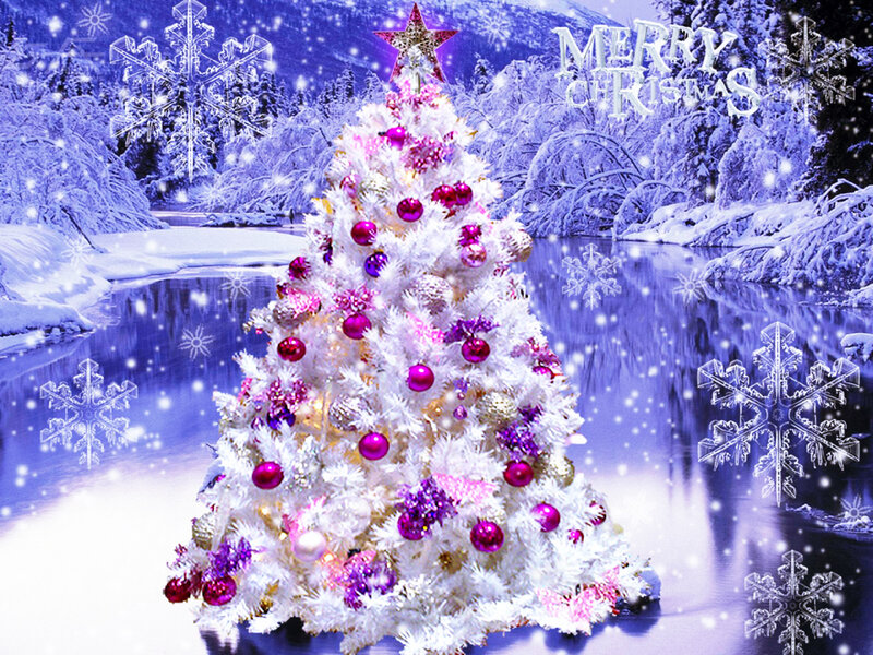White Christmas Tree — Festive, Winter, Digital Art, Snowflakes, River, Trees