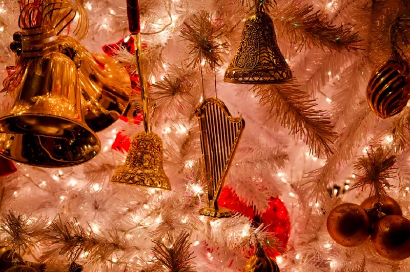 White Christmas Tree — Festive, Winter, Photograph, Bells