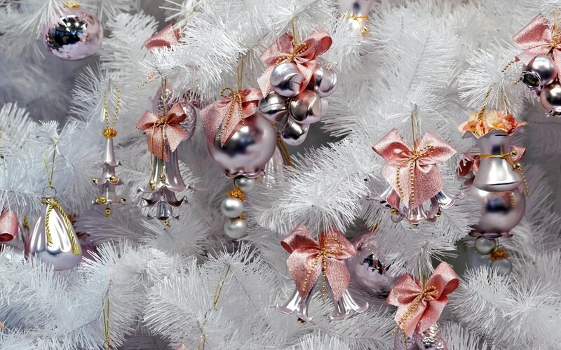 White Christmas Tree — Festive, Winter, Photograph, Ornaments, Bows