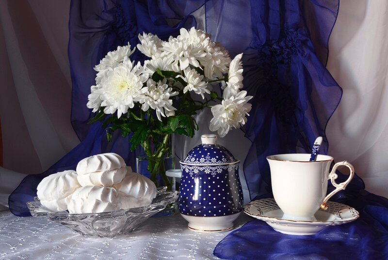 White Chrysanthemums and Tea Set