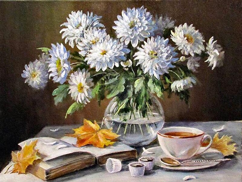 White Chrysanthemums in Vase — Serene, Autumn, Painting, Book, Tea Cup