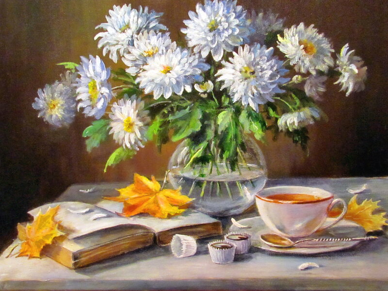 White Chrysanthemums in Vase — Serene, Autumn, Painting, Book