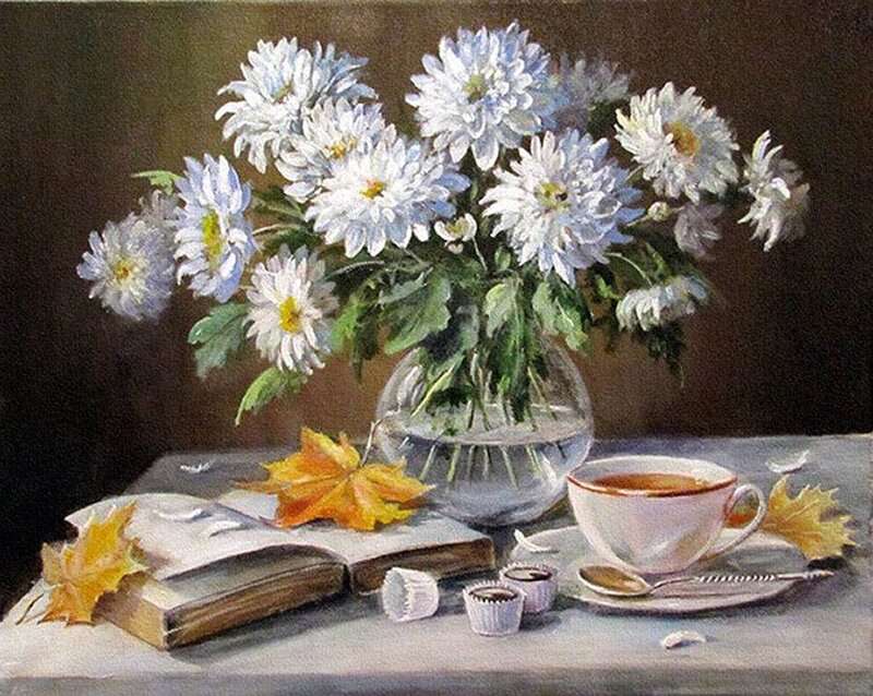 White Chrysanthemums in Vase — Serene, Autumn