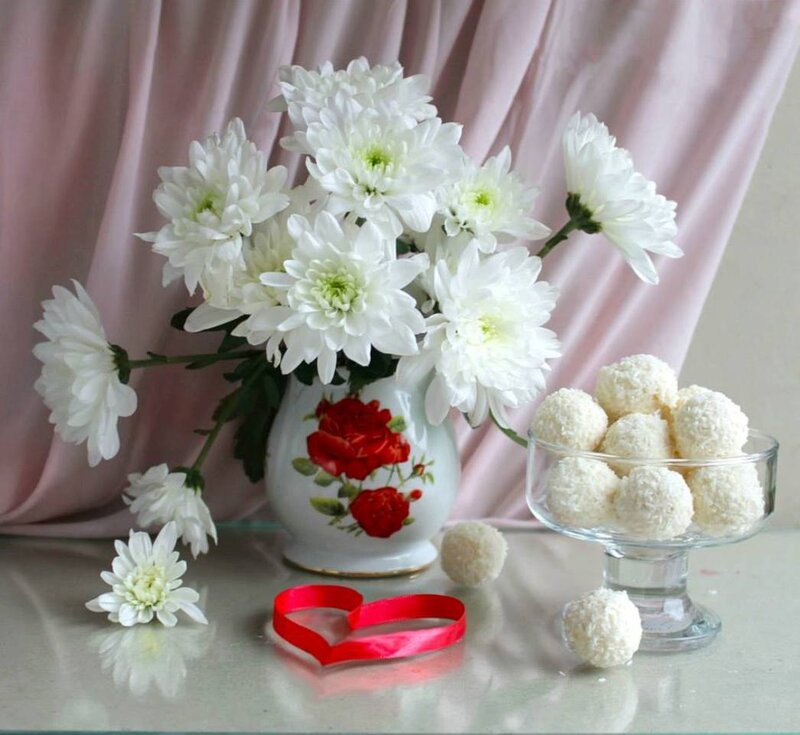 White Chrysanthemums in Vase — Serene, Photograph, Coconut Truffles